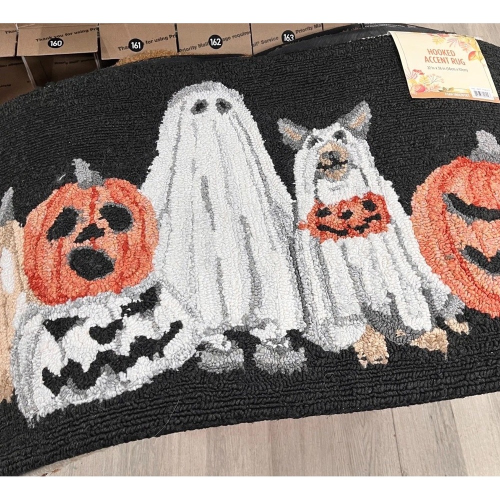 Ghost & Jack-o'-Lantern: Hand Hooked Halloween Accent Rug 22x38 Memory Foam NWT